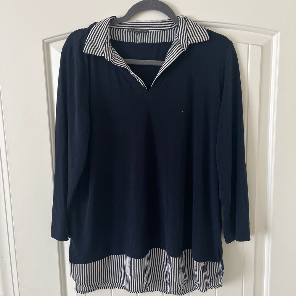 Adrianna Papell Navy and White Striped Button Down Shirt